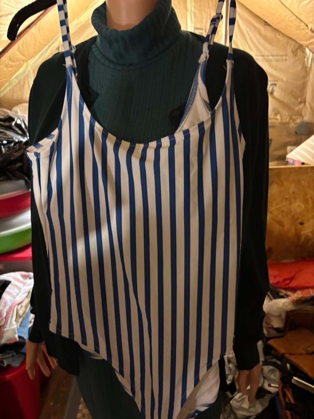 Blue and White Striped Women’s Spaghetti Strap Swim Suit Size M